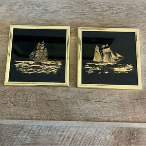 2‎ Vintage Kafka Industries Gold Foil Art Etching Sailboat Ship Framed Pictures
